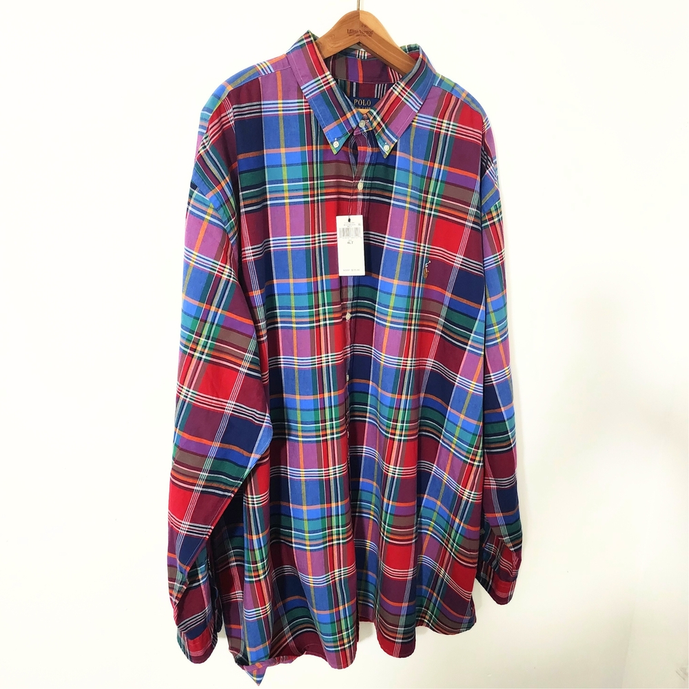 NWT Polo Ralph Lauren Men's Big & Tall Plaid Oxford Shirt, Red/‎ Blue, 4XLT - Picture 6 of 13